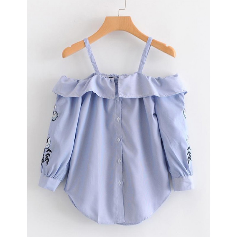 Fashion Blue Embroidered Flowers Decorated Blouse
