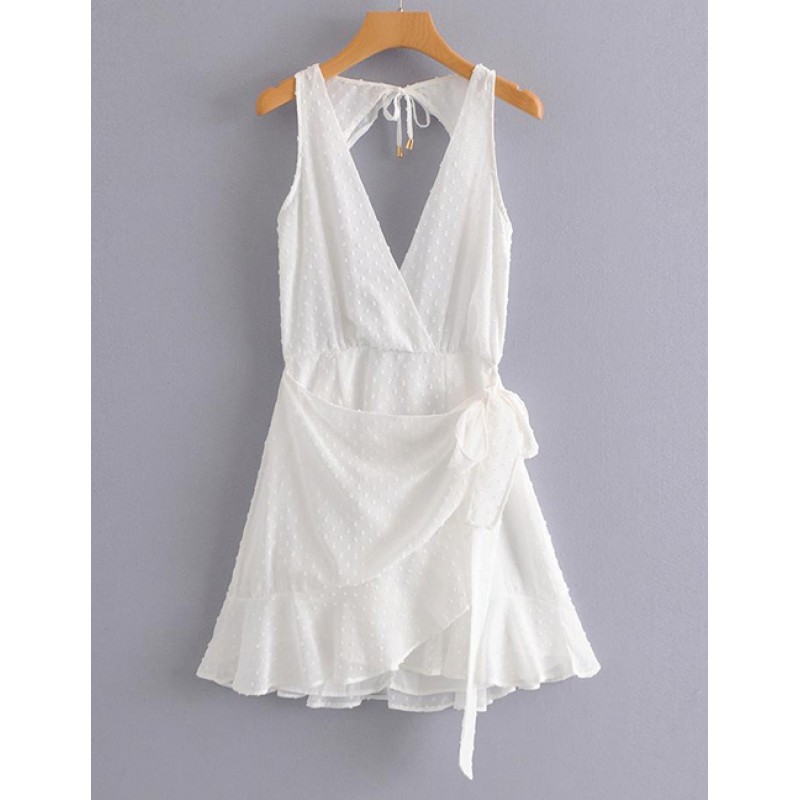 Fashion White V Neckline Design Pure Color Dress