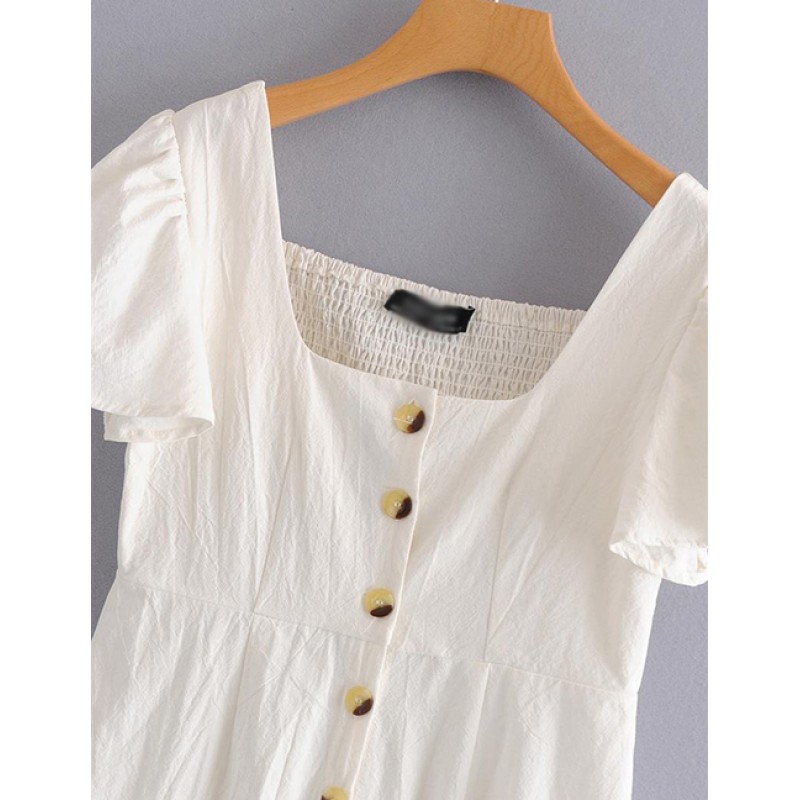 Fashion White Buttons Decorated Pure Color Dress