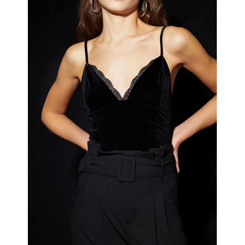 Fashion Black Lace Decorated V Neckline Blouse